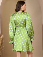 Green Polka Dot Bishop Sleeves Skater Dress