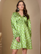 Green Polka Dot Bishop Sleeves Skater Dress