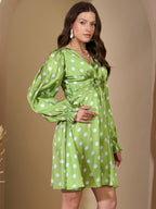 Green Polka Dot Bishop Sleeves Skater Dress