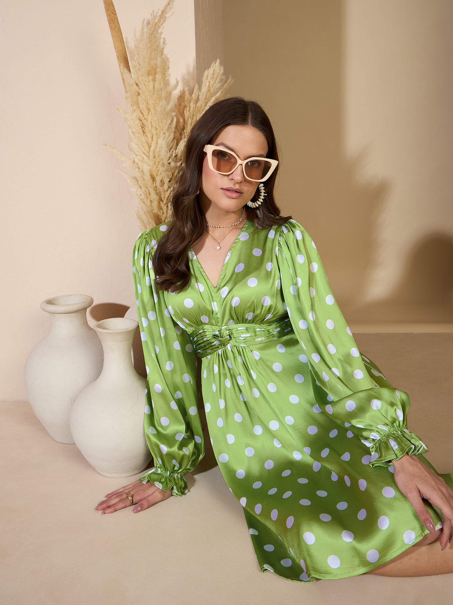 Green Polka Dot Bishop Sleeves Skater Dress
