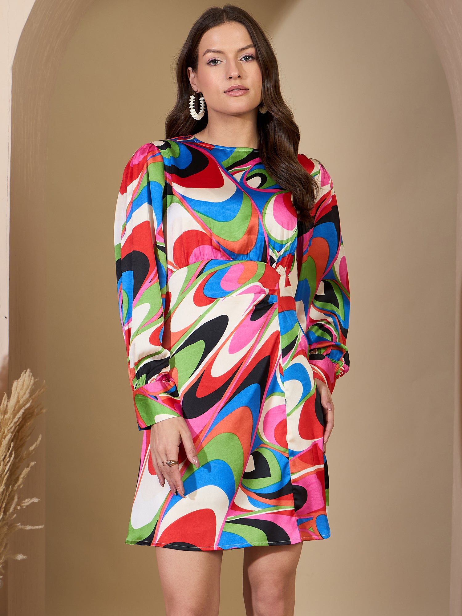 Satin Multi Abstract A-Line Short Dress