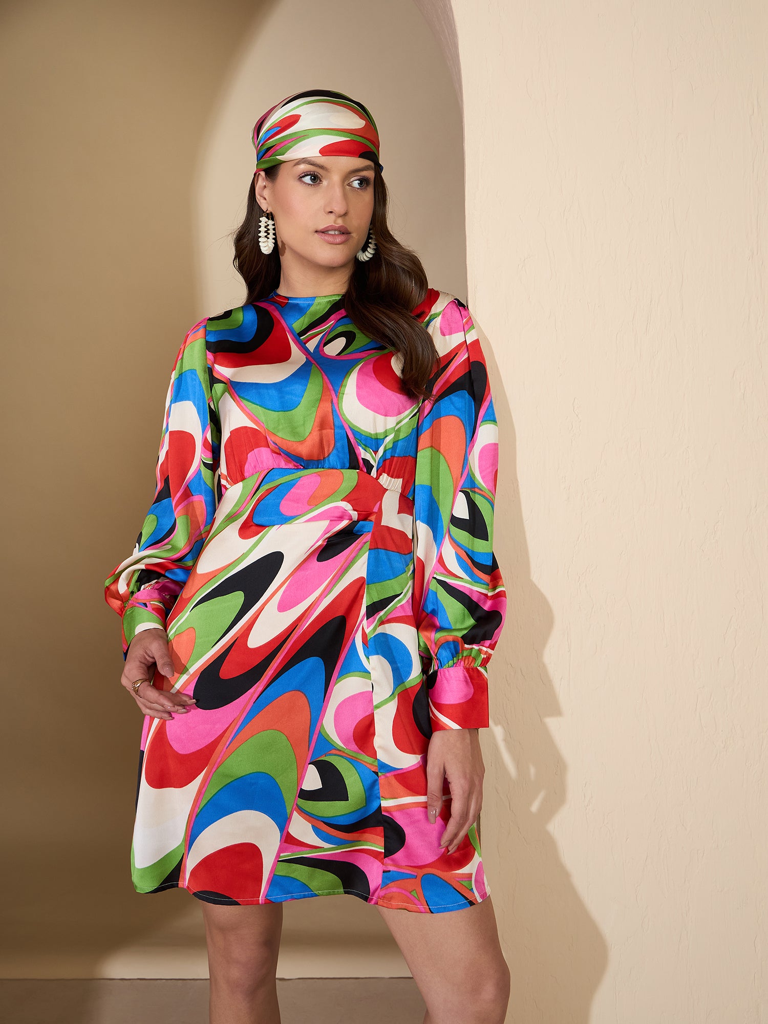 Satin Multi Abstract A-Line Short Dress