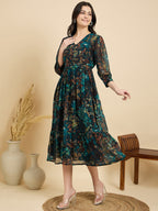 Blue Cotton Printed Fit and Flare Midi Dress with Cuffed Sleeves