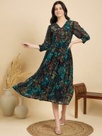 Blue Cotton Printed Fit and Flare Midi Dress with Cuffed Sleeves