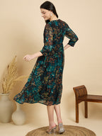 Blue Cotton Printed Fit and Flare Midi Dress with Cuffed Sleeves