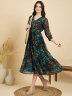 Blue Cotton Printed Fit and Flare Midi Dress with Cuffed Sleeves