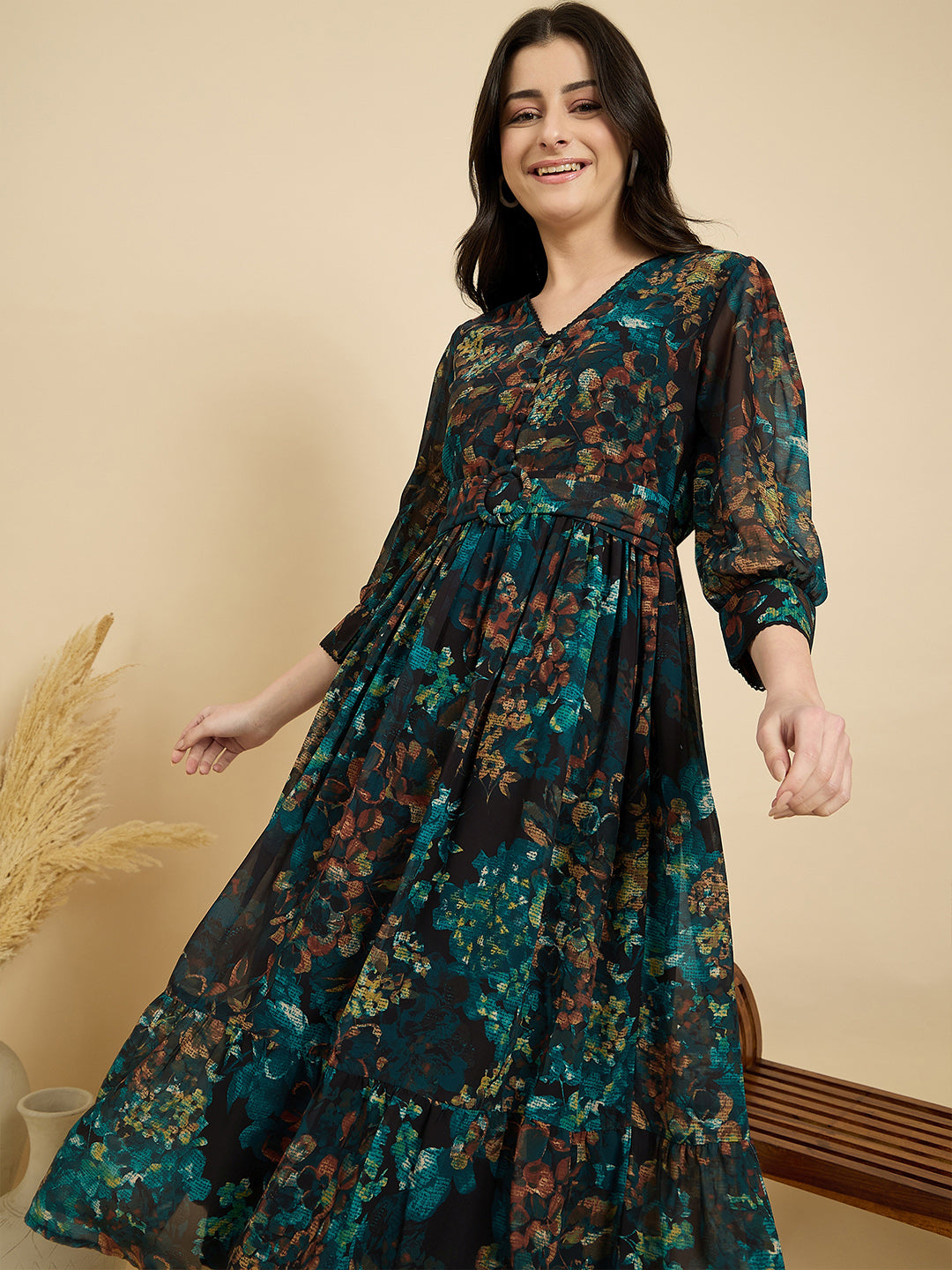 Blue Cotton Printed Fit and Flare Midi Dress with Cuffed Sleeves