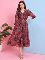 Zummer Brown Floral Printed Georgette Midi Dress