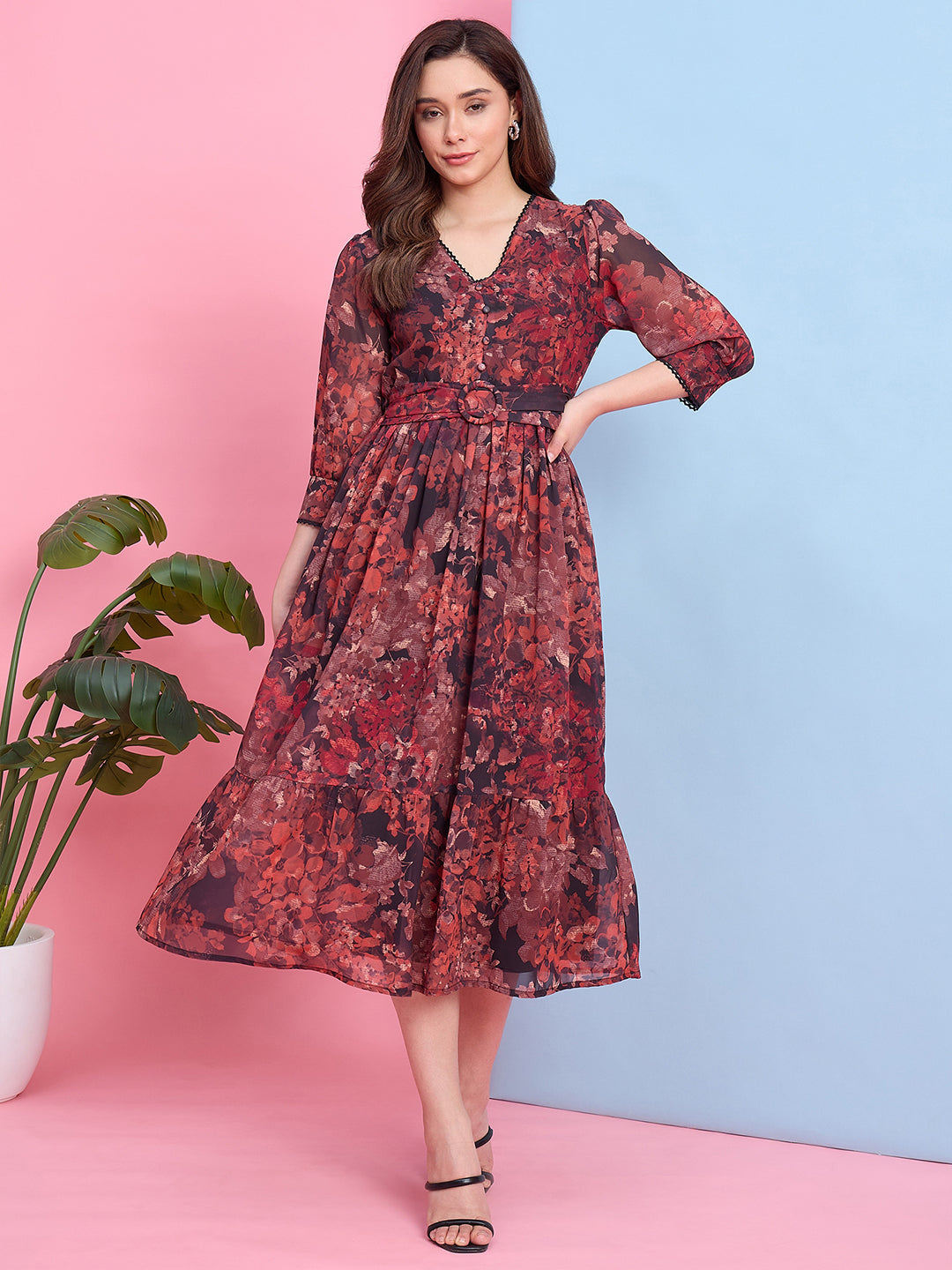 Zummer Brown Floral Printed Georgette Midi Dress