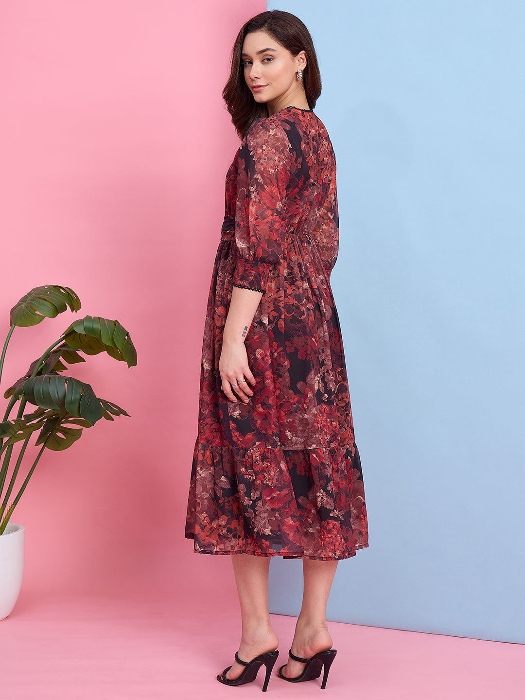 Zummer Brown Floral Printed Georgette Midi Dress