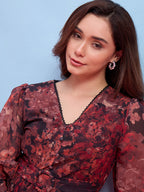 Zummer Brown Floral Printed Georgette Midi Dress