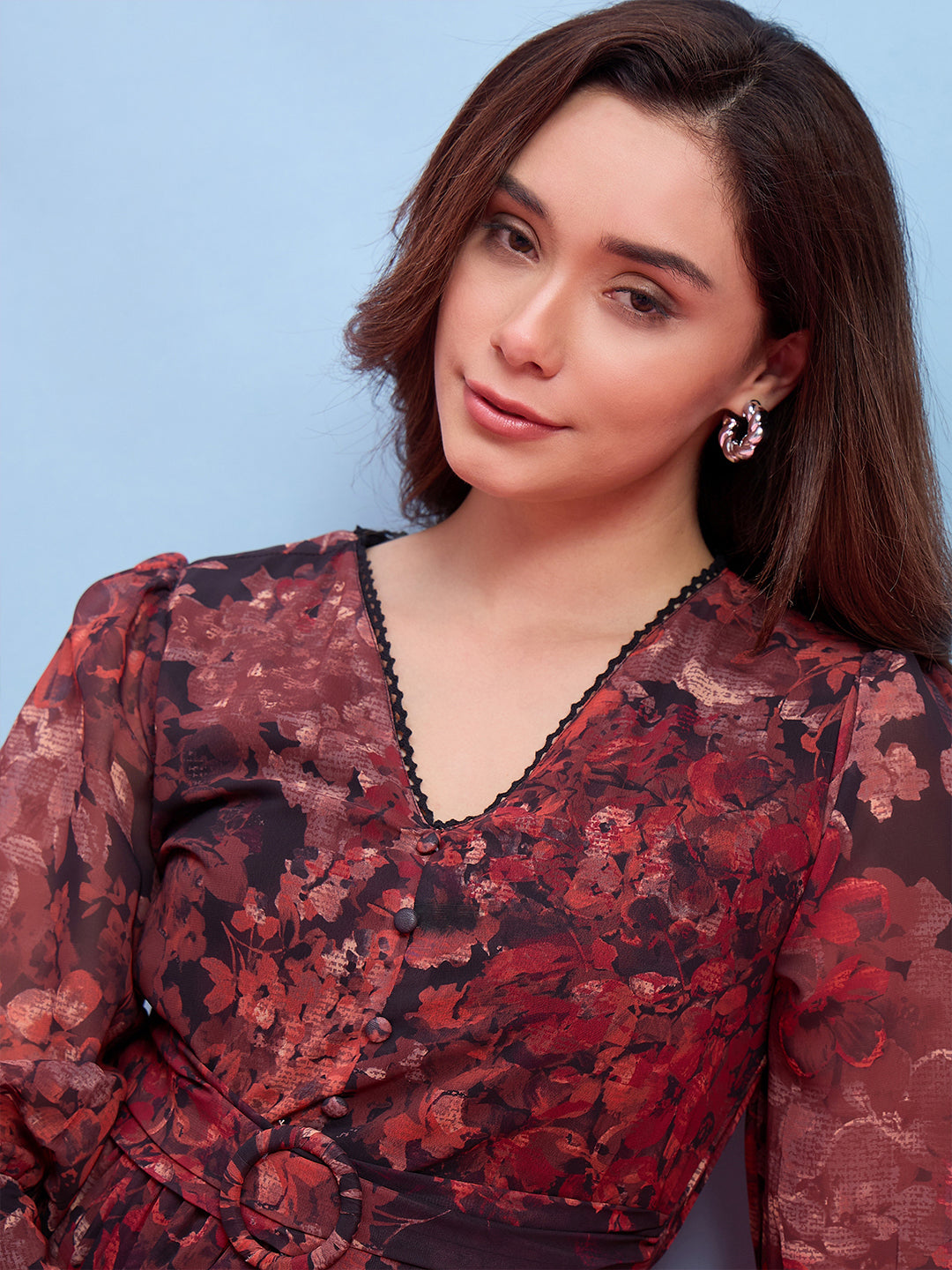 Zummer Brown Floral Printed Georgette Midi Dress