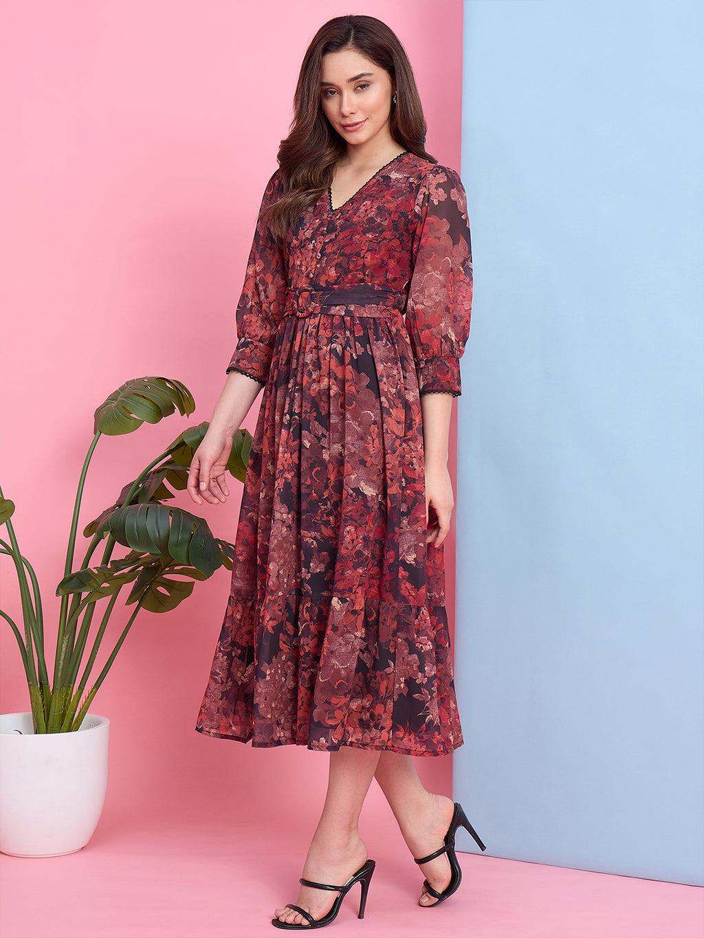 Zummer Brown Floral Printed Georgette Midi Dress