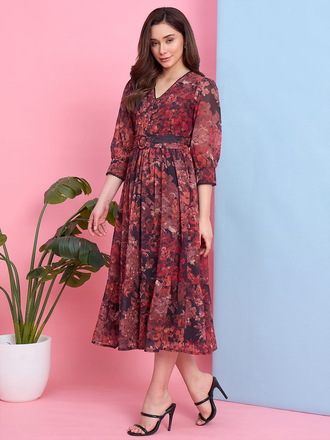 Zummer Brown Floral Printed Georgette Midi Dress