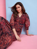 Zummer Brown Floral Printed Georgette Midi Dress