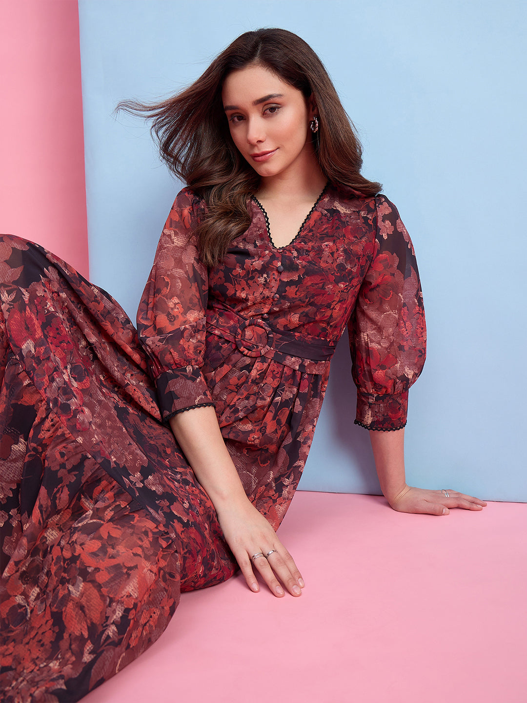 Zummer Brown Floral Printed Georgette Midi Dress