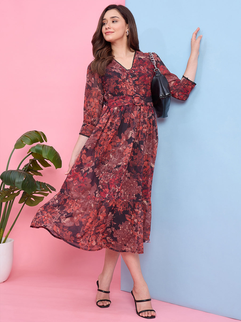 Zummer Brown Floral Printed Georgette Midi Dress
