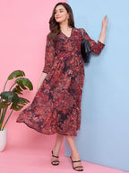 Zummer Brown Floral Printed Georgette Midi Dress