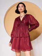 Maroon Fit and Flare Dress with Puff Sleeves