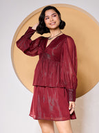 Maroon Fit and Flare Dress with Puff Sleeves