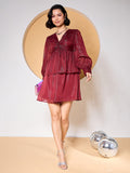 Maroon Fit and Flare Dress with Puff Sleeves