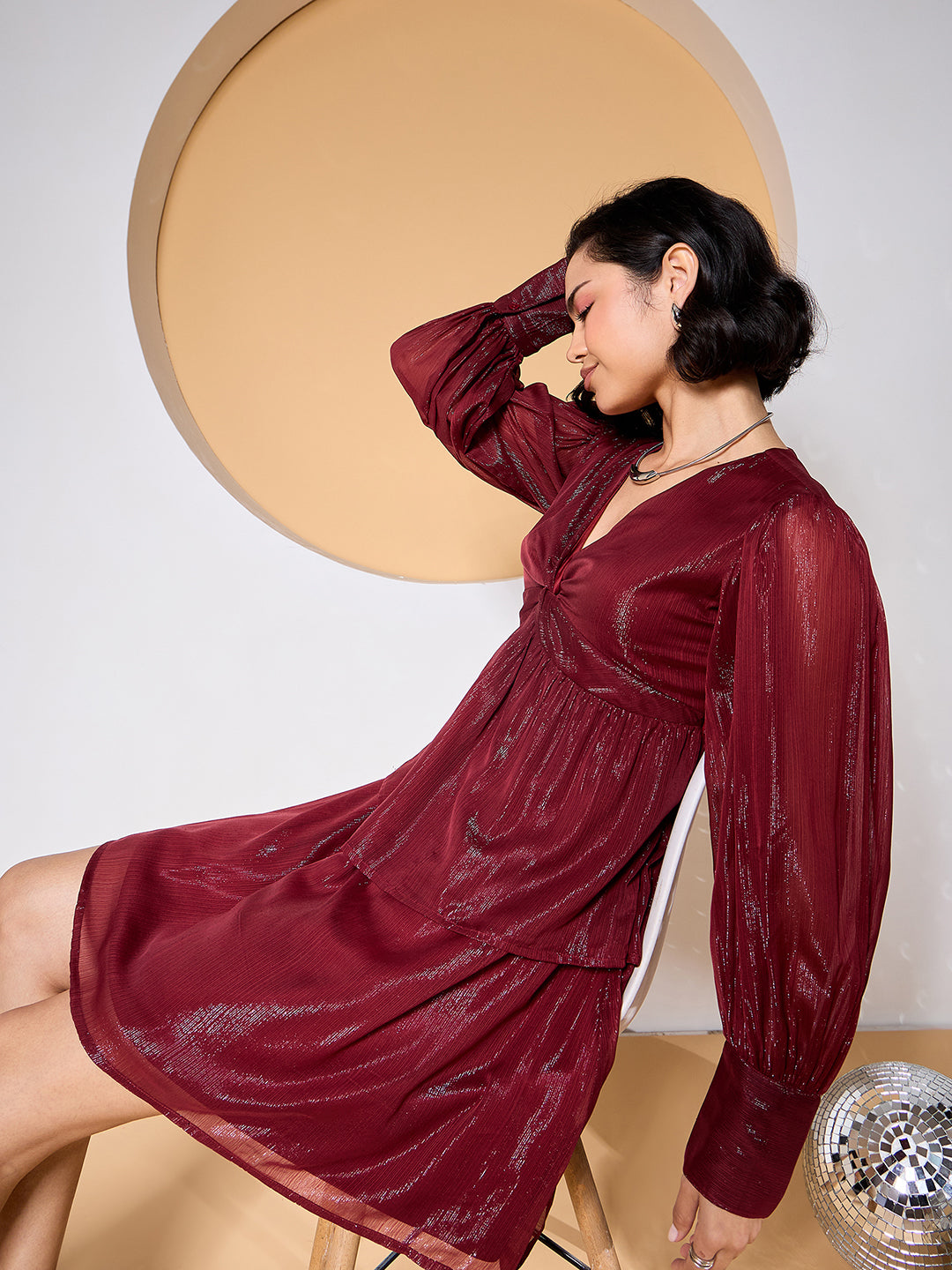 Maroon Fit and Flare Dress with Puff Sleeves