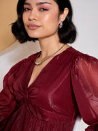 Maroon Fit and Flare Dress with Puff Sleeves