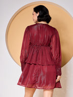 Maroon Fit and Flare Dress with Puff Sleeves