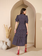 Navy Blue Cotton Printed Fit and Flare  Dress with Puff Sleeves