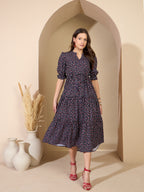 Navy Blue Cotton Printed Fit and Flare  Dress with Puff Sleeves