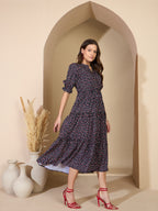 Navy Blue Cotton Printed Fit and Flare  Dress with Puff Sleeves
