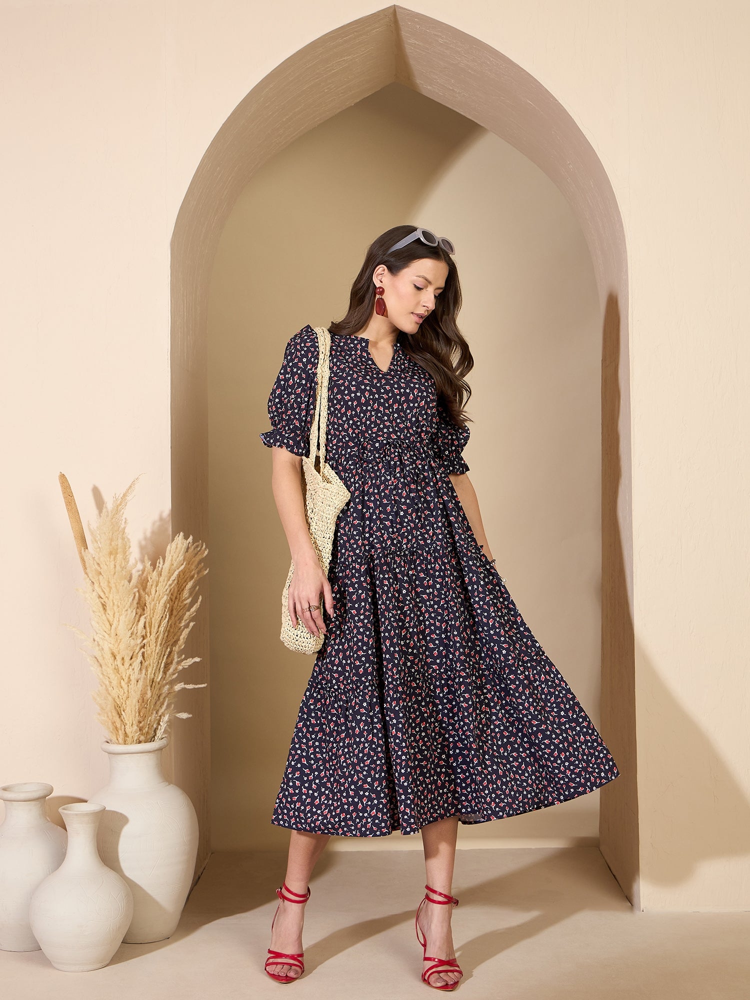 Navy Blue Cotton Printed Fit and Flare  Dress with Puff Sleeves