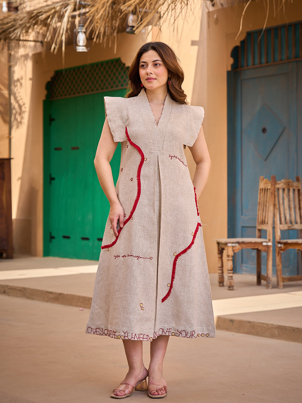 Zummer Embroidered Jute Midi Dress – Beige A-Line