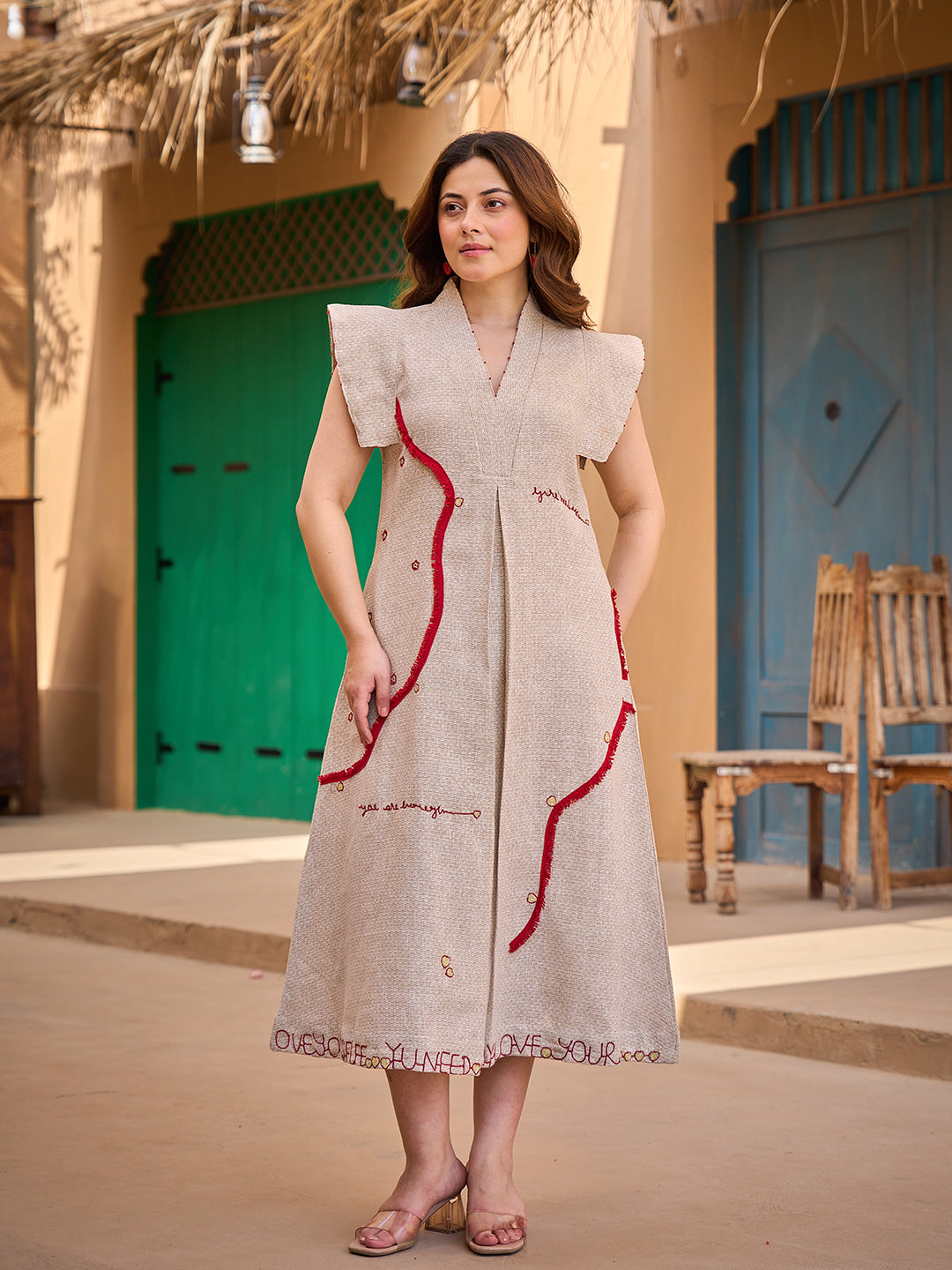 Zummer Embroidered Jute Midi Dress – Beige A-Line