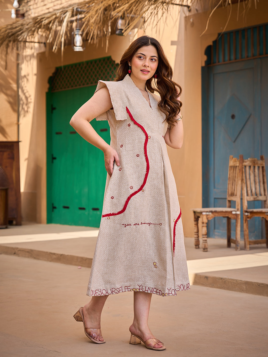 Zummer Embroidered Jute Midi Dress – Beige A-Line