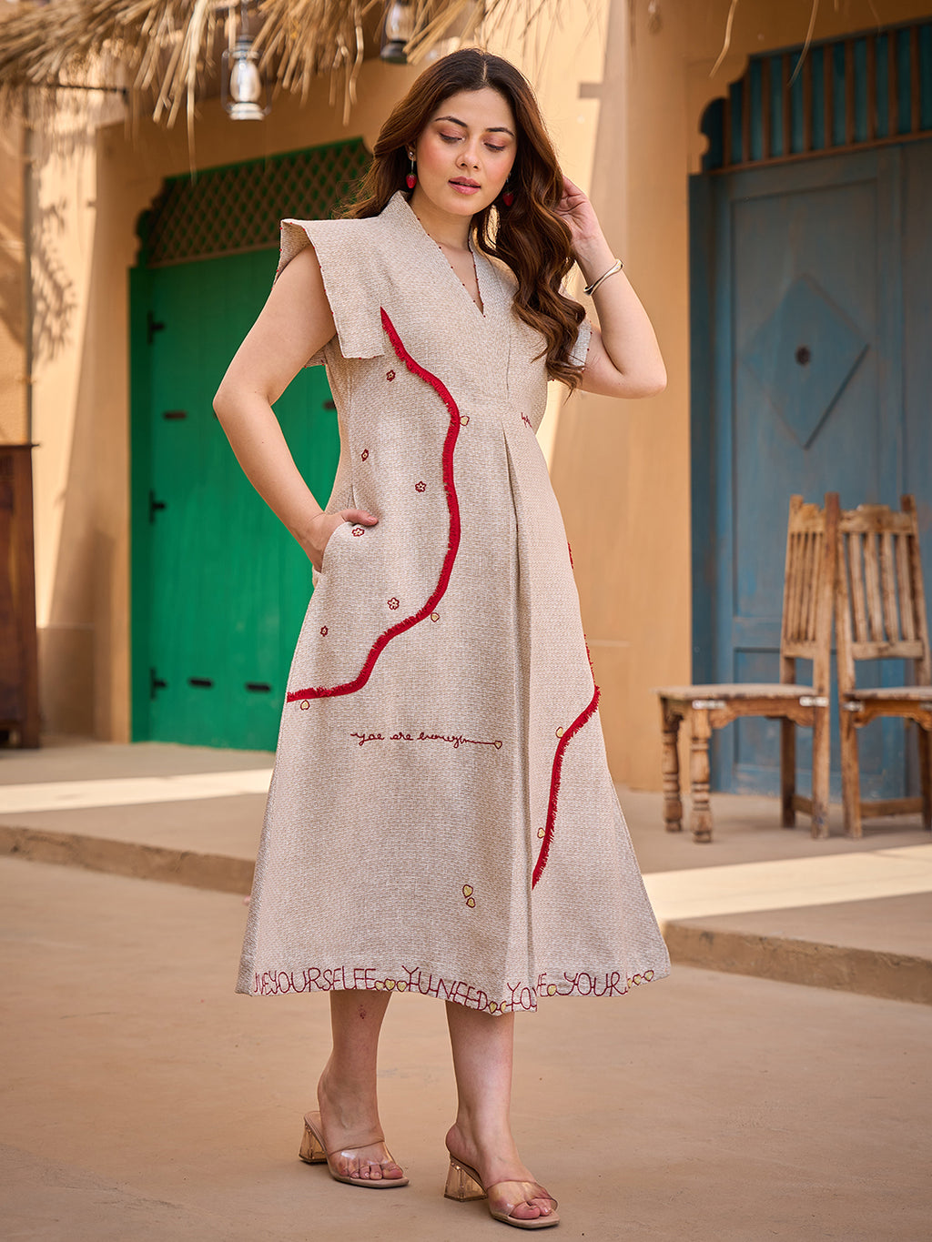Zummer Embroidered Jute Midi Dress – Beige A-Line