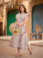 Zummer Embroidered Jute Midi Dress – Beige A-Line