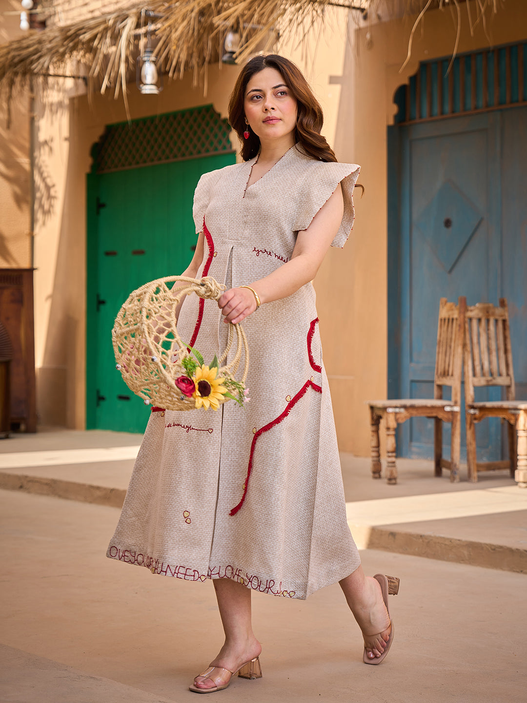 Zummer Embroidered Jute Midi Dress – Beige A-Line