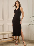 Black Cotton Bodycon Short Dress with No Sleeves