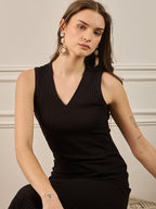 Black Cotton Bodycon Short Dress with No Sleeves