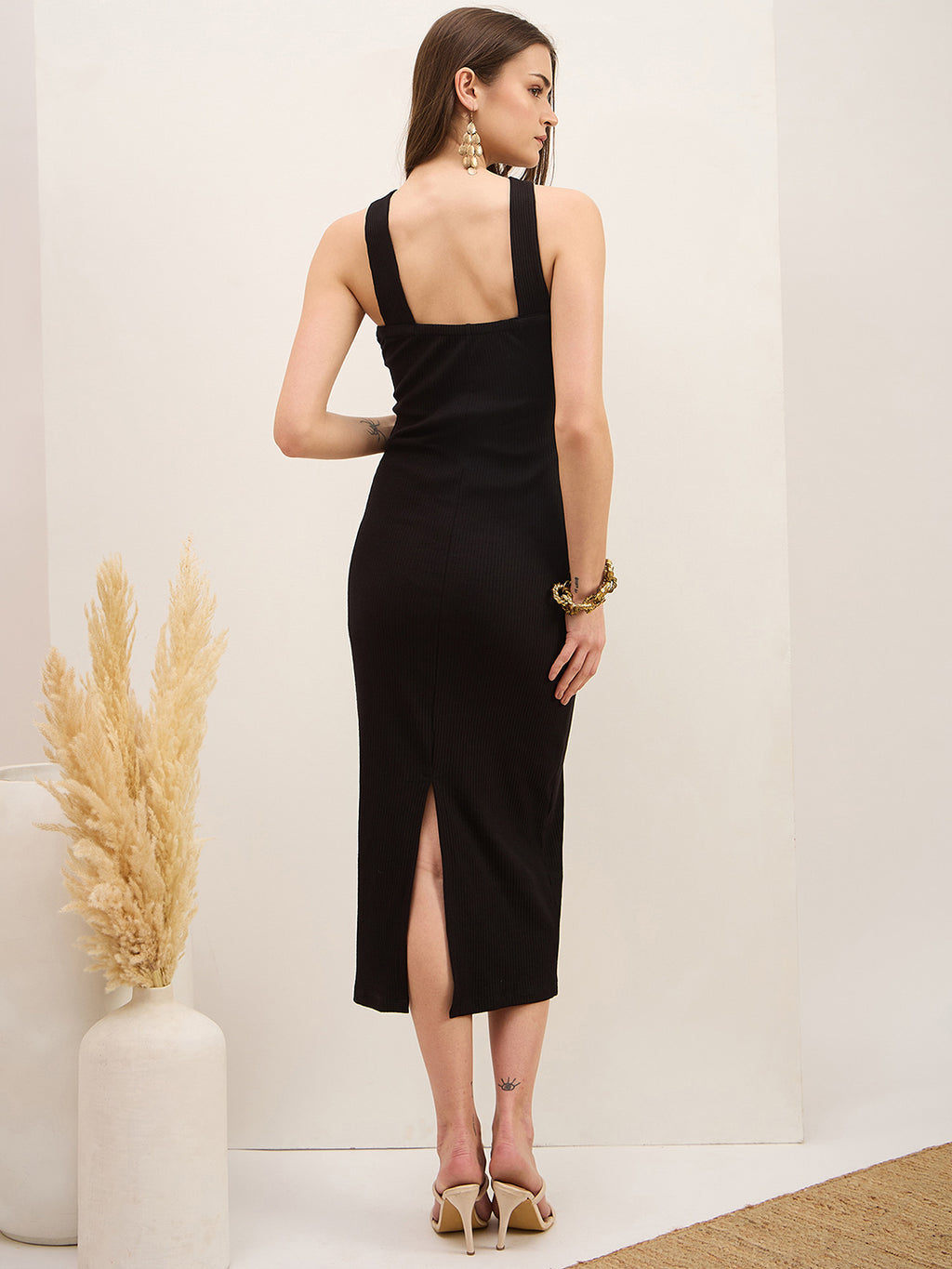 Black Cotton Bodycon  Dress with No Sleeves
