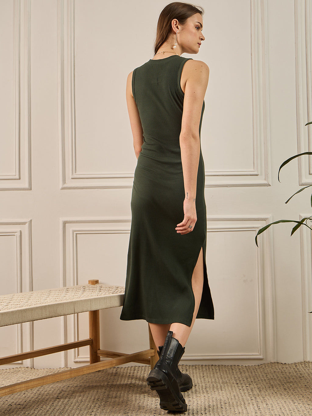 Green Cotton Bodycon Dress with No Sleeves