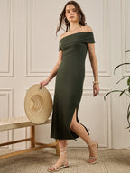 Green Cotton  Bodycon  Dress with No Sleeves