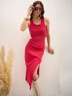 Magenta Cotton  Bodycon  Dress with No Sleeves