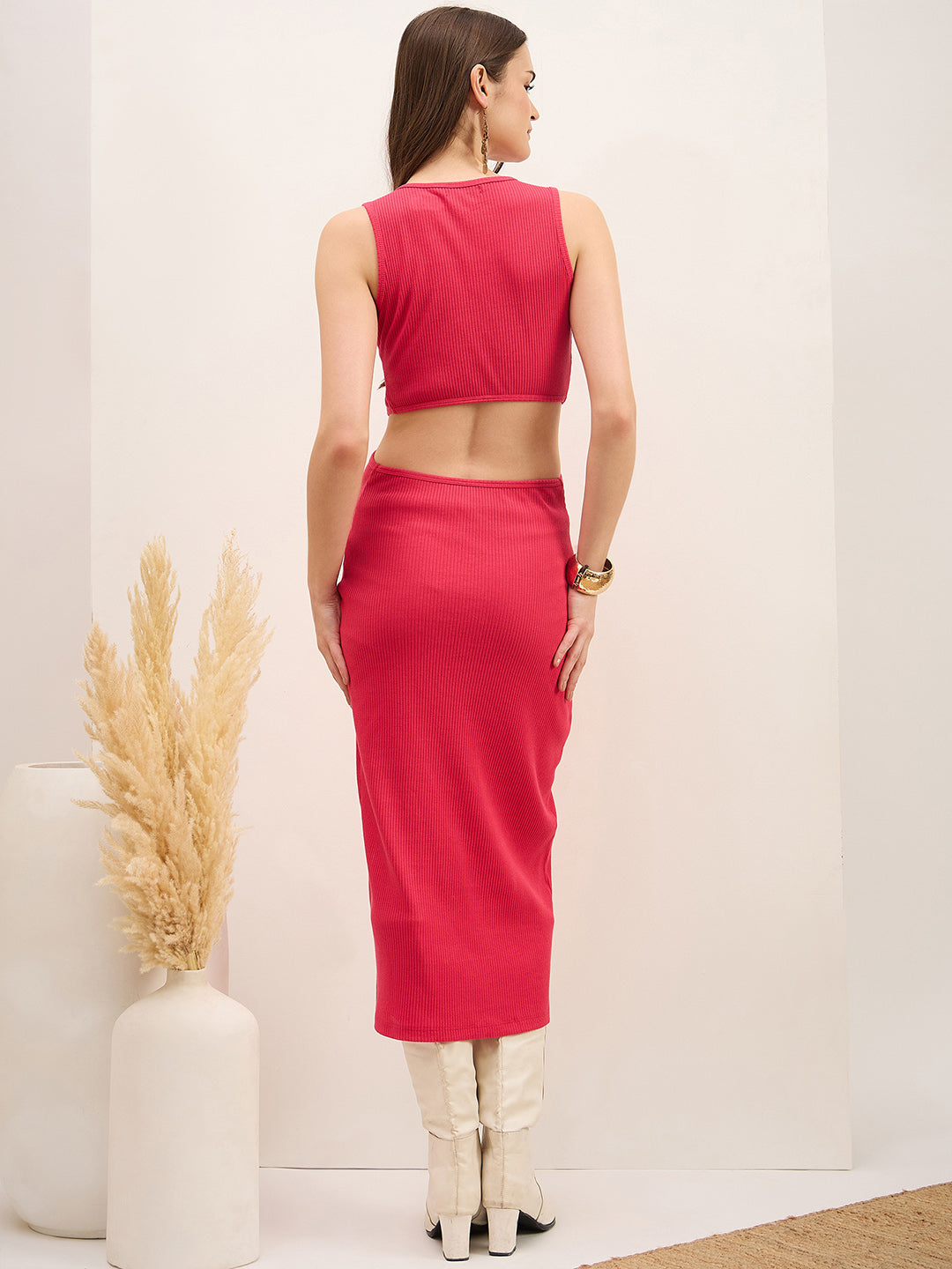 Magenta Cotton  Bodycon  Dress with No Sleeves