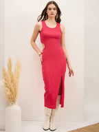 Magenta Cotton  Bodycon  Dress with No Sleeves