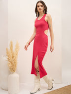 Magenta Cotton  Bodycon  Dress with No Sleeves