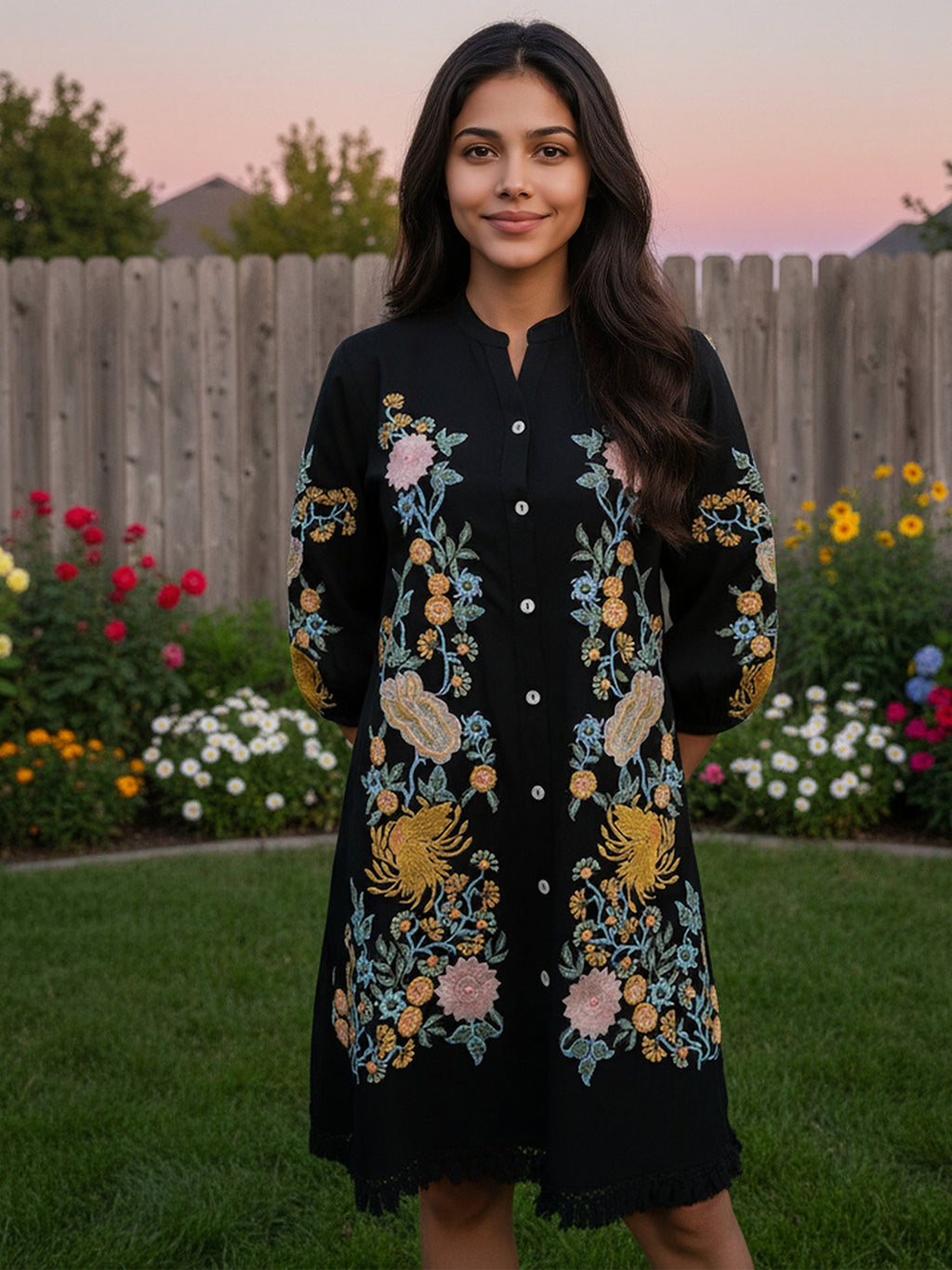 Rayon Floral Embroidered Short Dress