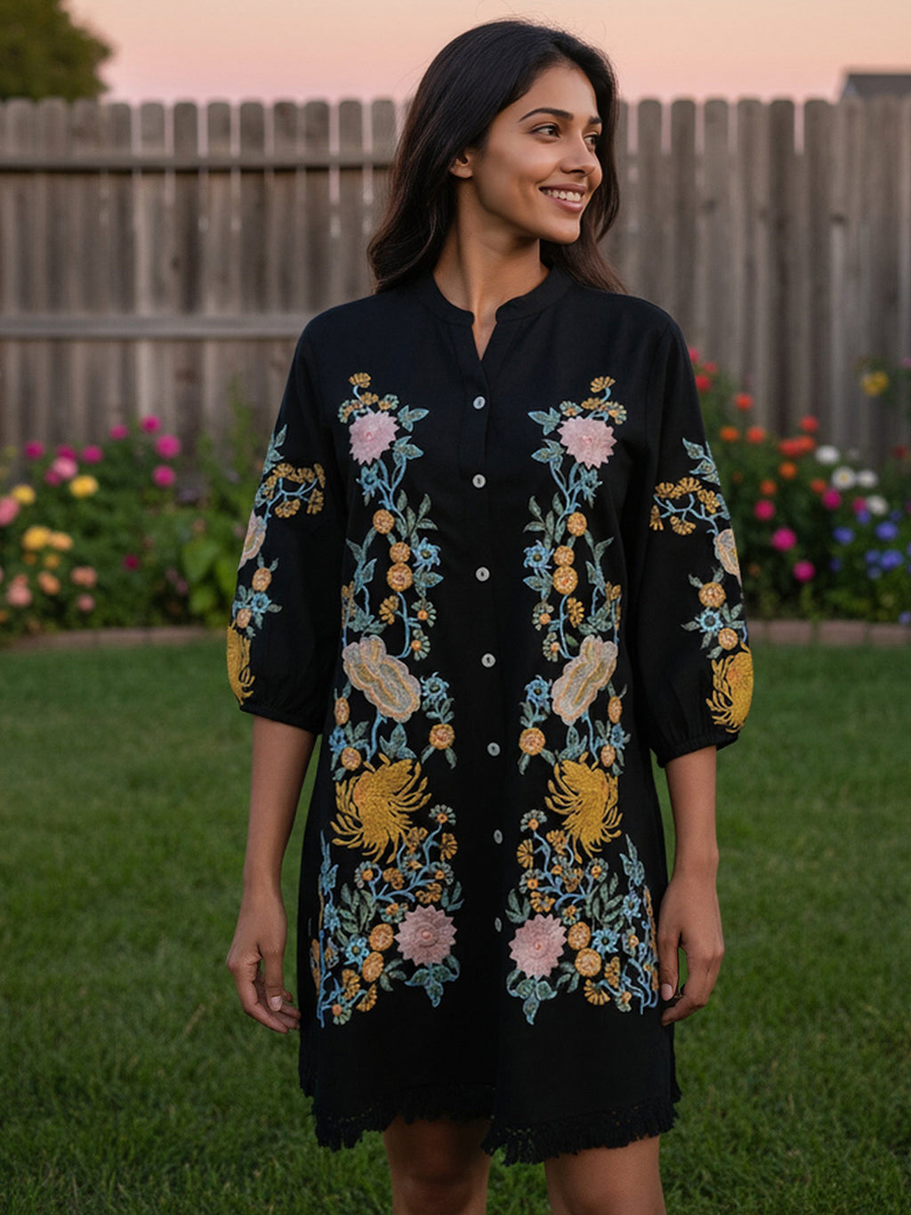 Rayon Floral Embroidered Short Dress