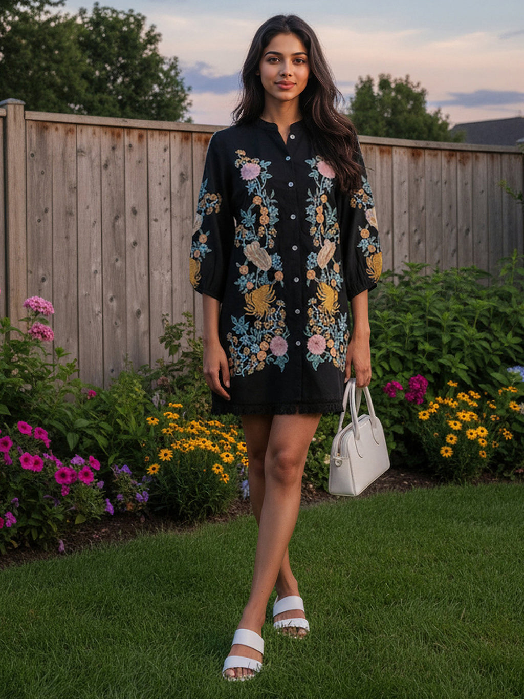 Rayon Floral Embroidered Short Dress